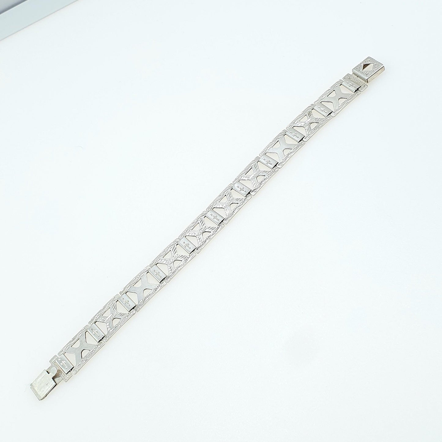 Antique Art Deco Solid Silver Geometric Bracelet Square X Links Hand Engraved Vintage Womens Jewellery Jewelry 17cm 12.83g