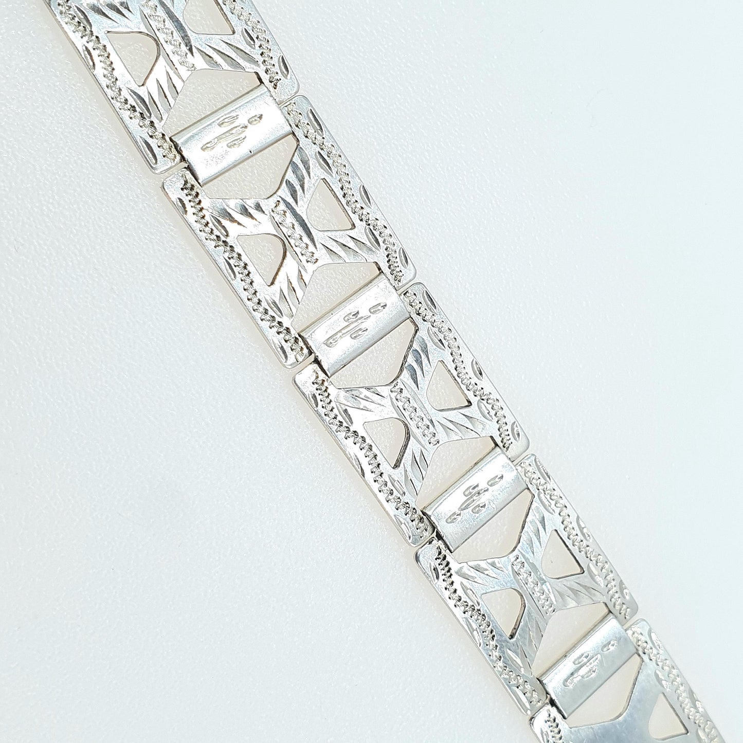 Antique Art Deco Solid Silver Geometric Bracelet Square X Links Hand Engraved Vintage Womens Jewellery Jewelry 17cm 12.83g