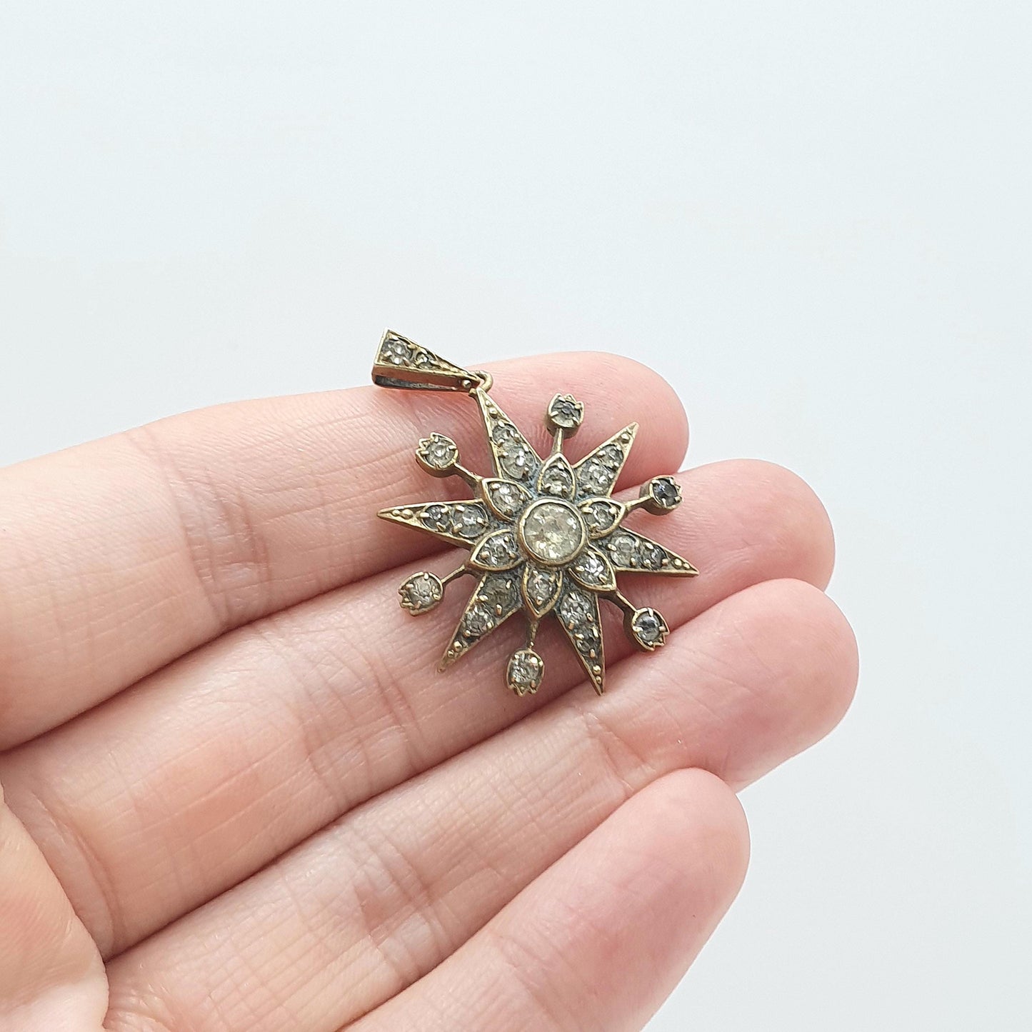 Antique Victorian Diamond Paste Star Pendant Gold Tone Base Metal Celestial Necklace Womens Jewelry Jewellery Mens Unisex