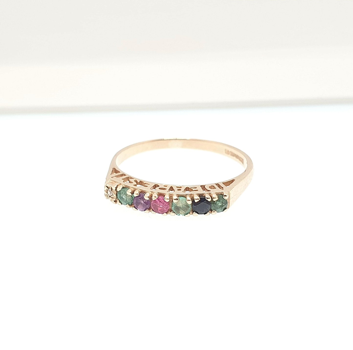 Vintage 9ct Gold DEAREST Ring Diamond Emerald Amethyst Ruby Sapphire Stacking Stacker Solid 9k 9kt UK N US 6 3/4