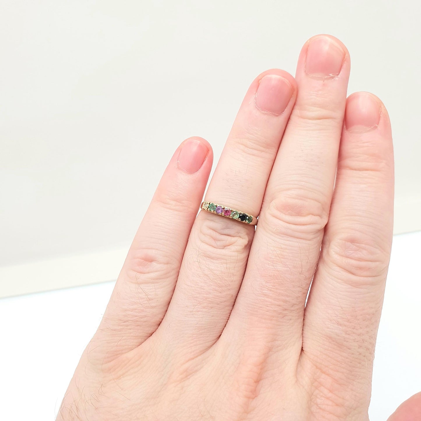 Vintage 9ct Gold DEAREST Ring Diamond Emerald Amethyst Ruby Sapphire Stacking Stacker Solid 9k 9kt UK N US 6 3/4