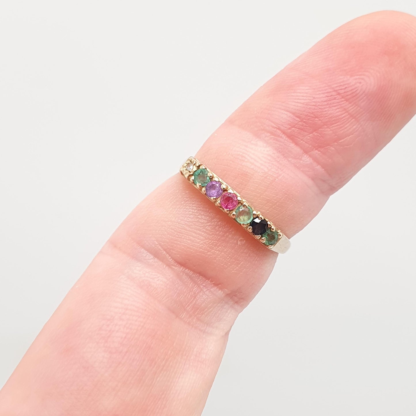 Vintage 9ct Gold DEAREST Ring Diamond Emerald Amethyst Ruby Sapphire Stacking Stacker Solid 9k 9kt UK N US 6 3/4