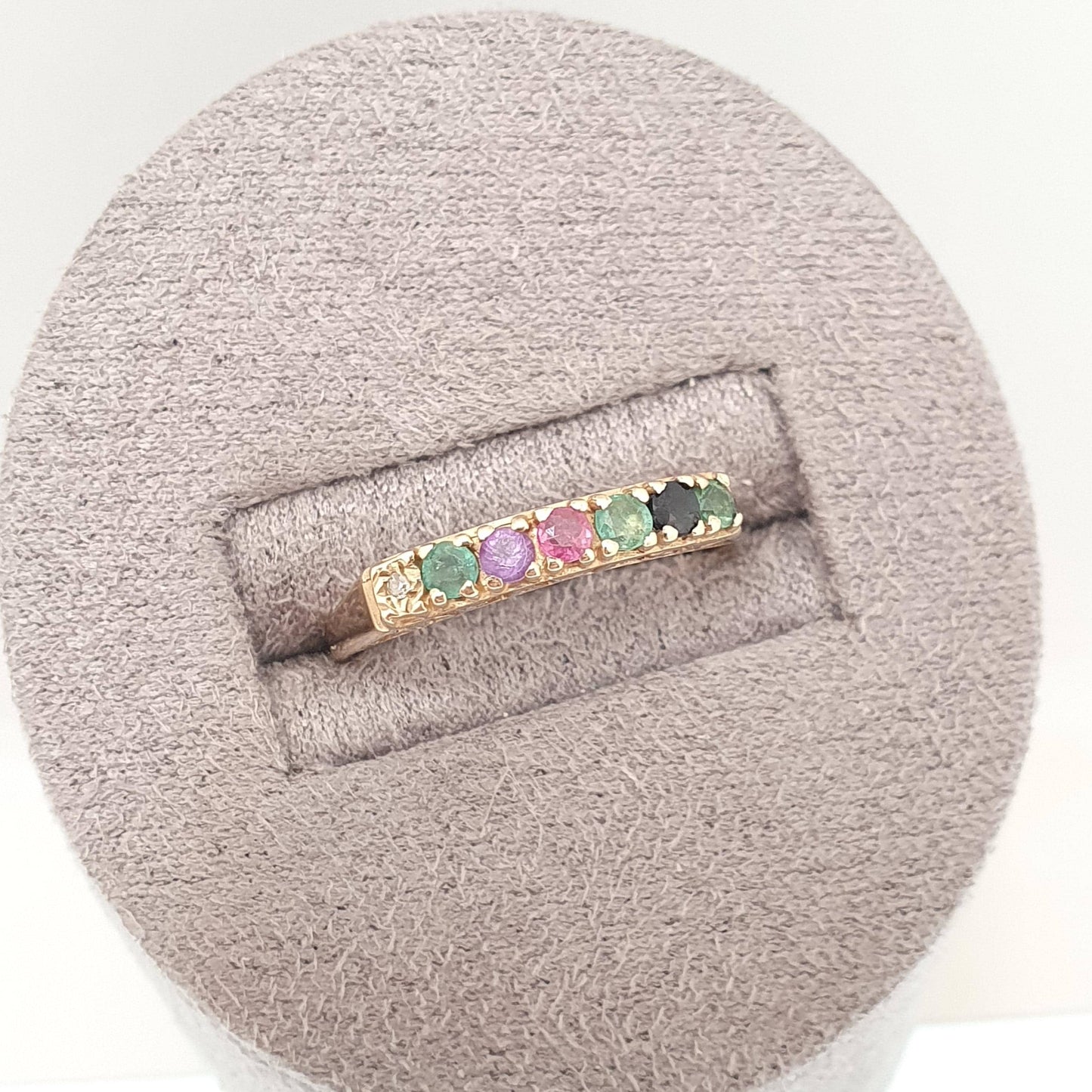 Vintage 9ct Gold DEAREST Ring Diamond Emerald Amethyst Ruby Sapphire Stacking Stacker Solid 9k 9kt UK N US 6 3/4