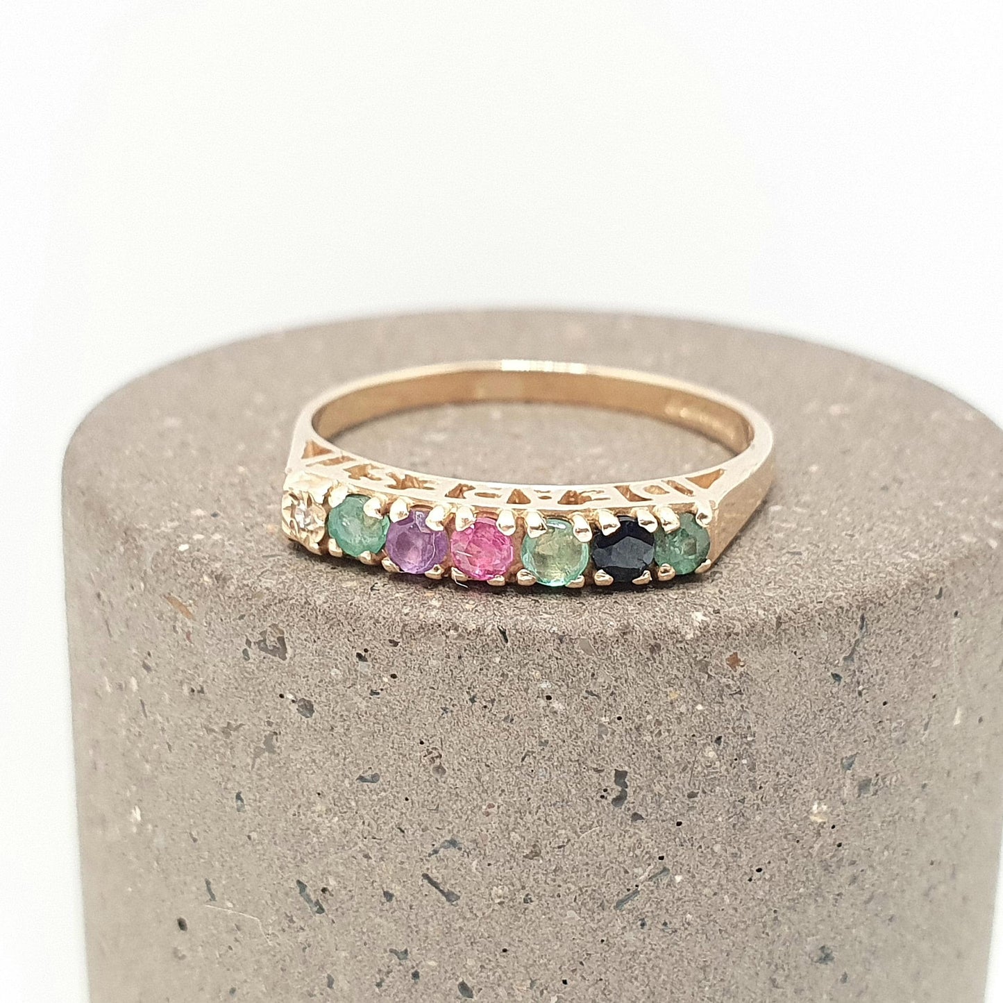 Vintage 9ct Gold DEAREST Ring Diamond Emerald Amethyst Ruby Sapphire Stacking Stacker Solid 9k 9kt UK N US 6 3/4