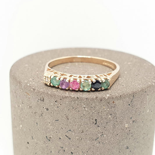 Vintage 9ct Gold DEAREST Ring Diamond Emerald Amethyst Ruby Sapphire Stacking Stacker Solid 9k 9kt UK N US 6 3/4