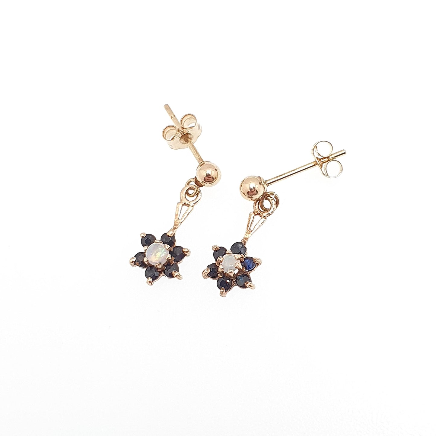 Vintage 9ct Gold Sapphire Opal Earrings Cluster Stud Drop Hanging Sparkly Solid 9k 375 Small Jewelry Jewellery