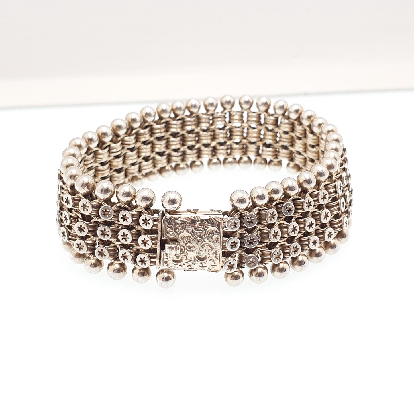 Antique Victorian Solid Silver Book Chain Bracelet Bookchain Star and Bead Belcher Link 18cm 36.19g 1800s Vintage Mens Womens