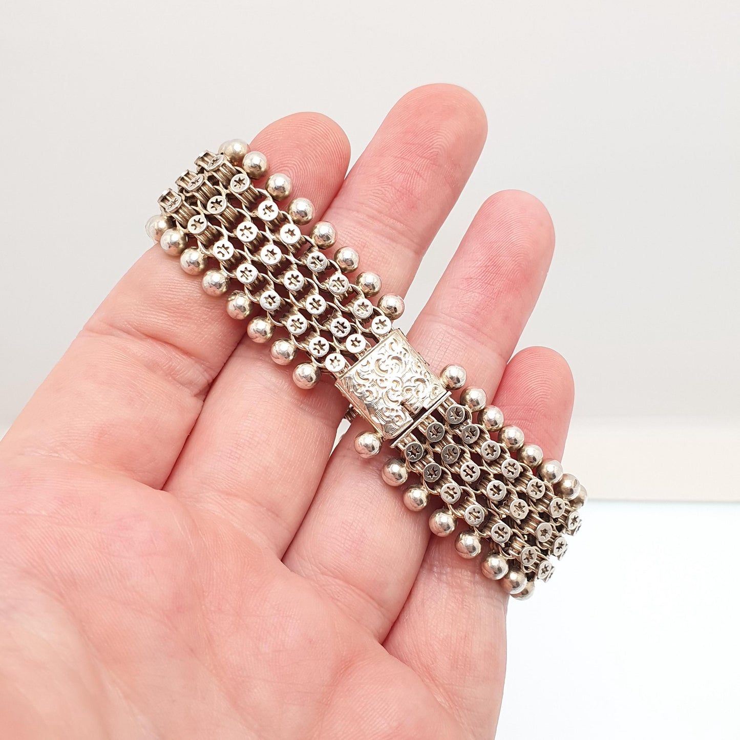 Antique Victorian Solid Silver Book Chain Bracelet Bookchain Star and Bead Belcher Link 18cm 36.19g 1800s Vintage Mens Womens