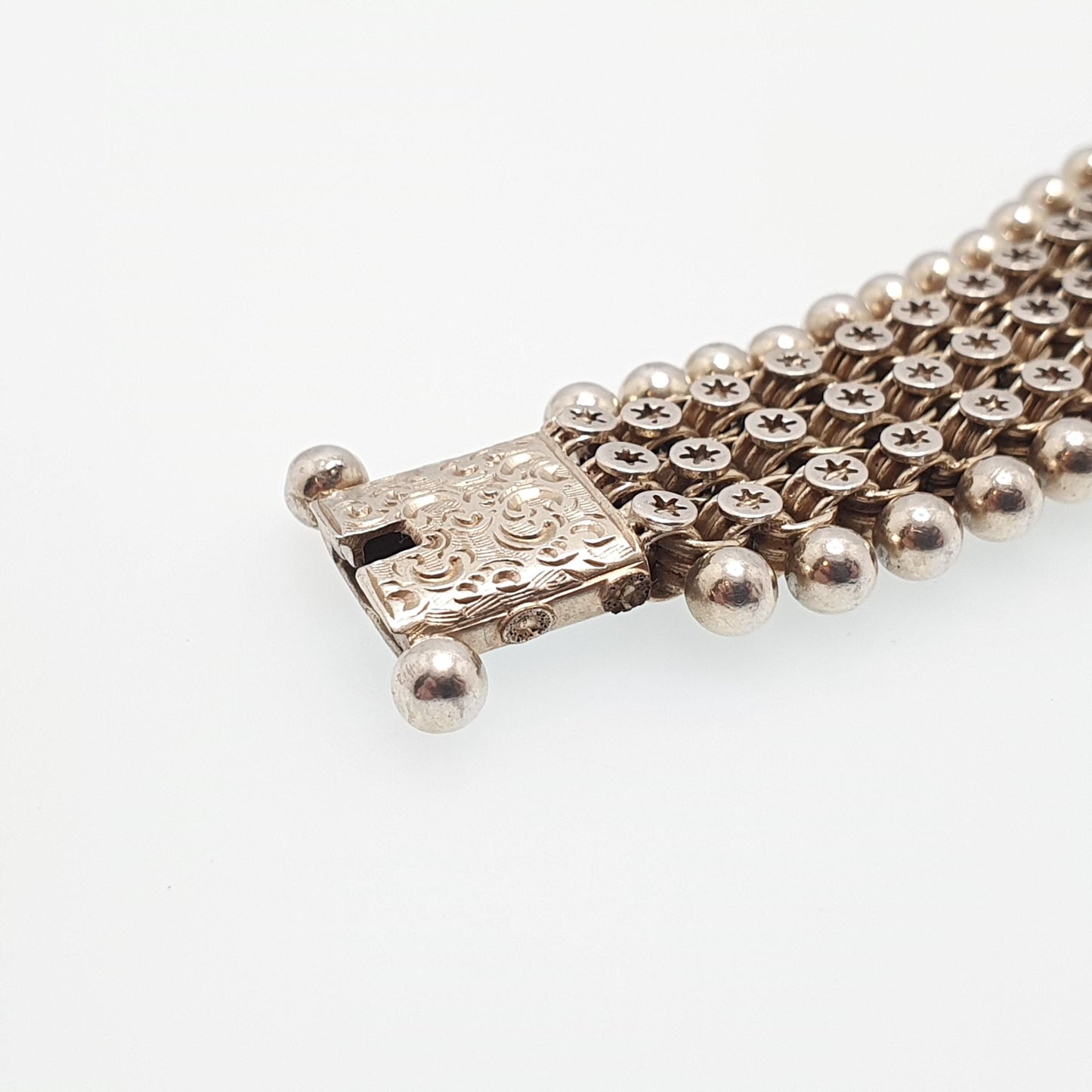 Antique Victorian Solid Silver Book Chain Bracelet Bookchain Star and Bead Belcher Link 18cm 36.19g 1800s Vintage Mens Womens