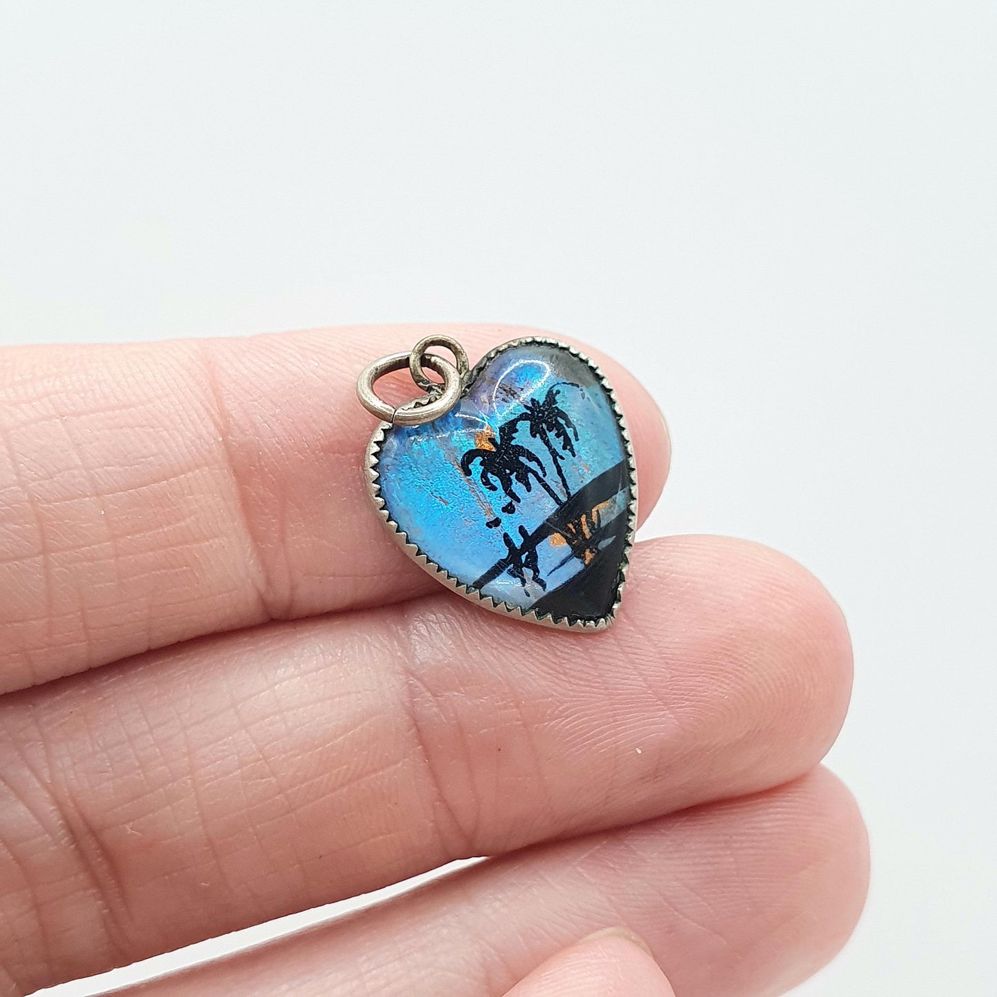 Antique Art Deco Butterfly Wing Heart Charm Pendant Palm Tree Silver Plate Vintage Blue Bug Fly Insect Rare Jewelry Jewellery Necklace