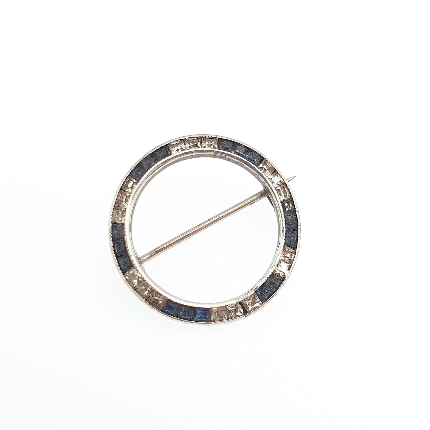 Antique Victorian Solid Silver Sapphire Paste Brooch Channel Set Diamond Pastes Round Infinity Circle 1920s Jewelry Jewellery