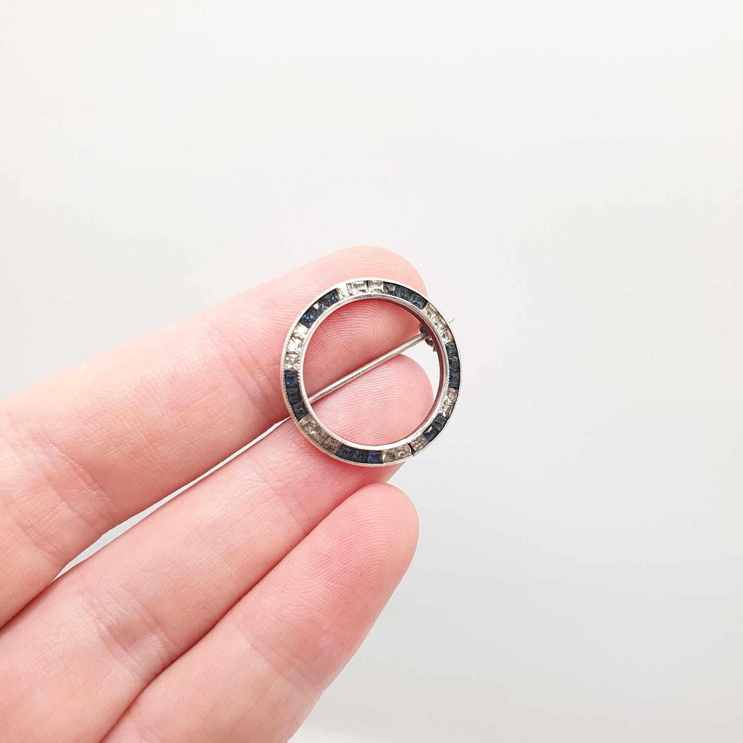 Antique Victorian Solid Silver Sapphire Paste Brooch Channel Set Diamond Pastes Round Infinity Circle 1920s Jewelry Jewellery