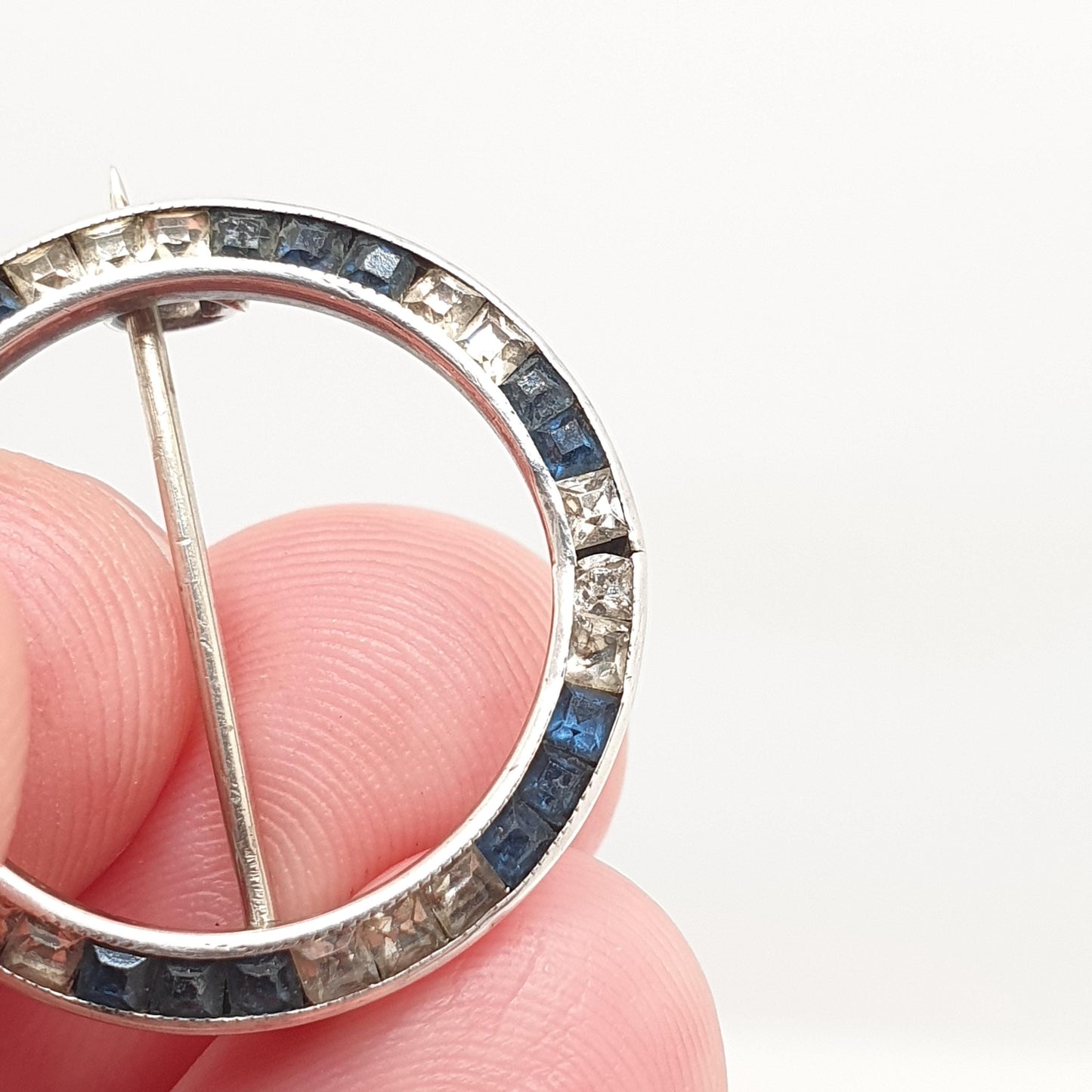 Antique Victorian Solid Silver Sapphire Paste Brooch Channel Set Diamond Pastes Round Infinity Circle 1920s Jewelry Jewellery