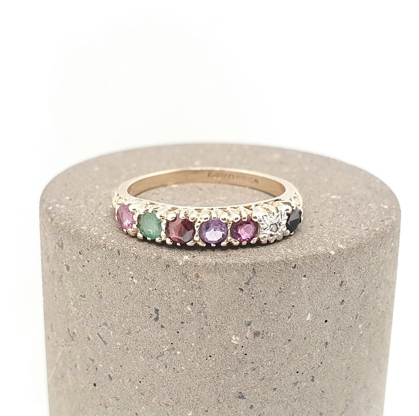 Vintage 9ct Gold REGARDS Ring Ruby Emerald Garnet Amethyst Ruby Diamond Sapphire Gemstone Stacker Solid 9k 9kt