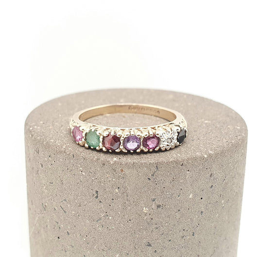 Vintage 9ct Gold REGARDS Ring Ruby Emerald Garnet Amethyst Ruby Diamond Sapphire Gemstone Stacker Solid 9k 9kt