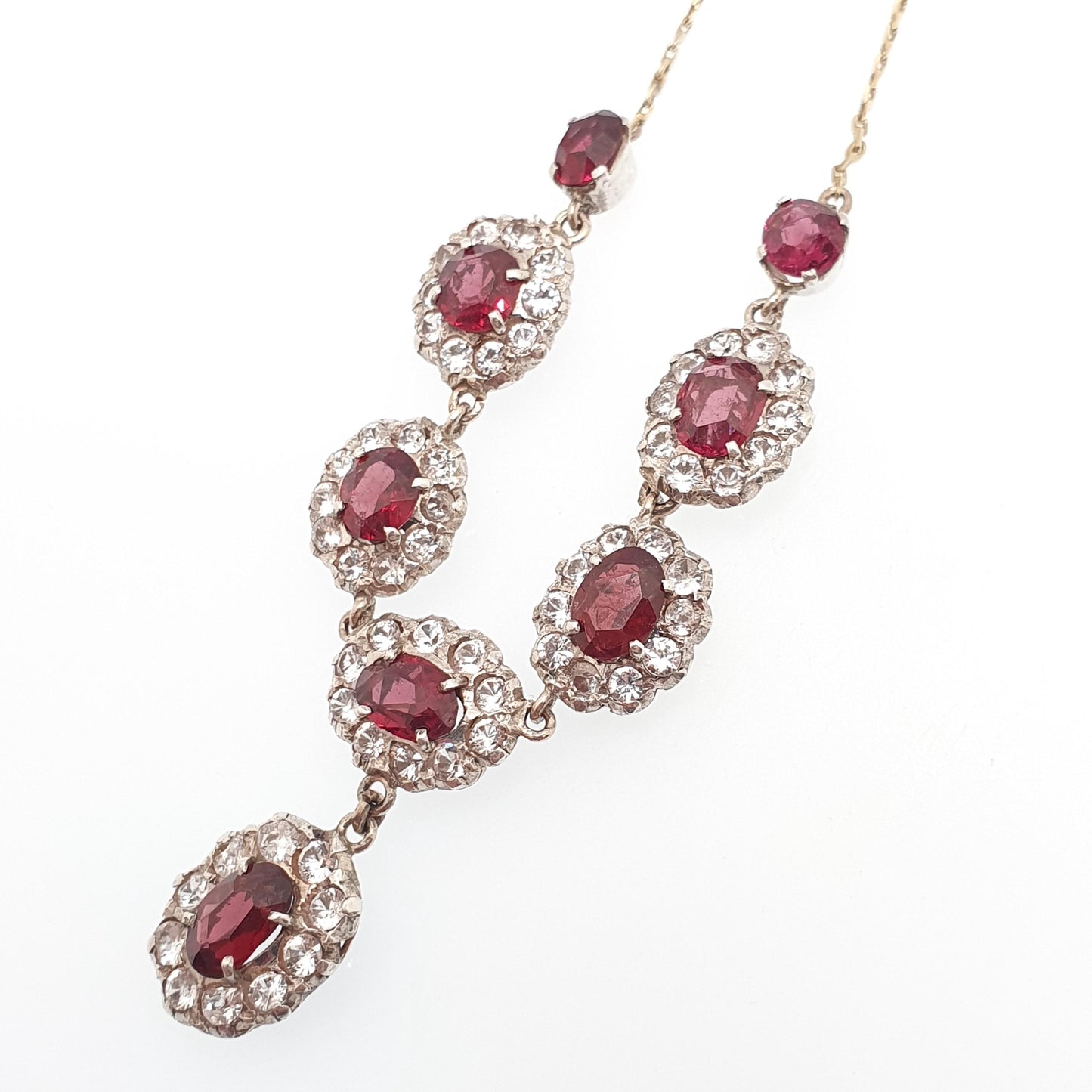 Antique Victorian Solid Silver Garnet & White Sapphire Necklace Low Carat Gold Rear and Chain Old Cut Mid 1800s Vintage Jewellery Jewelry