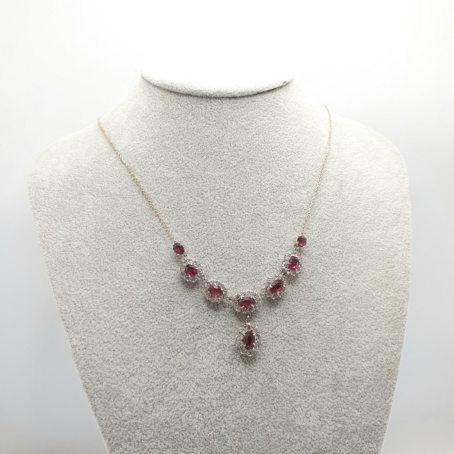 Antique Victorian Solid Silver Garnet & White Sapphire Necklace Low Carat Gold Rear and Chain Old Cut Mid 1800s Vintage Jewellery Jewelry