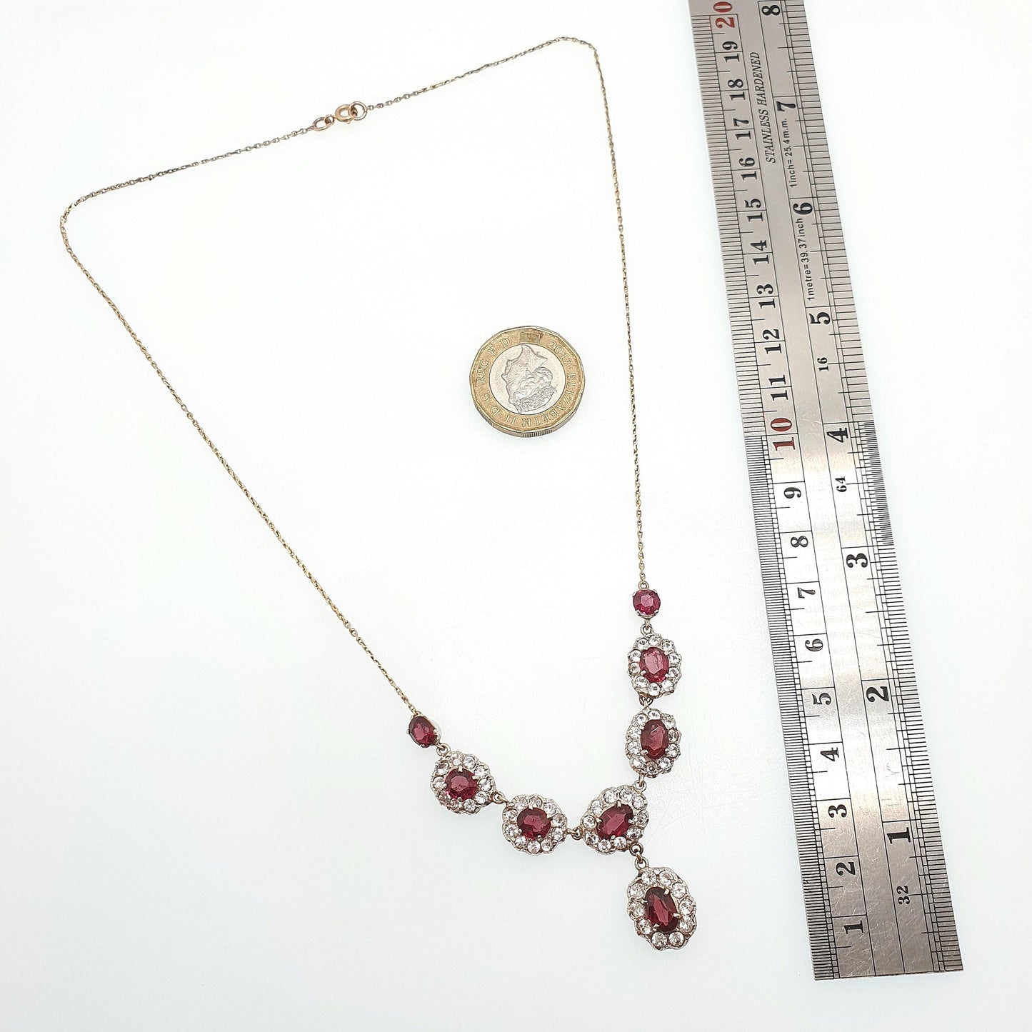 Antique Victorian Solid Silver Garnet & White Sapphire Necklace Low Carat Gold Rear and Chain Old Cut Mid 1800s Vintage Jewellery Jewelry
