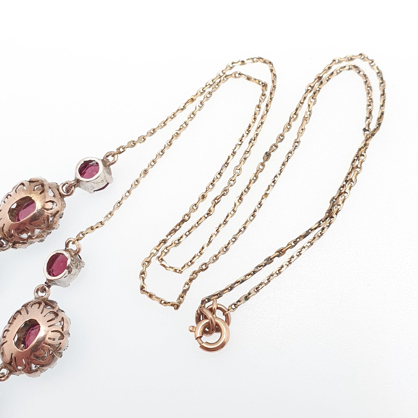 Antique Victorian Solid Silver Garnet & White Sapphire Necklace Low Carat Gold Rear and Chain Old Cut Mid 1800s Vintage Jewellery Jewelry