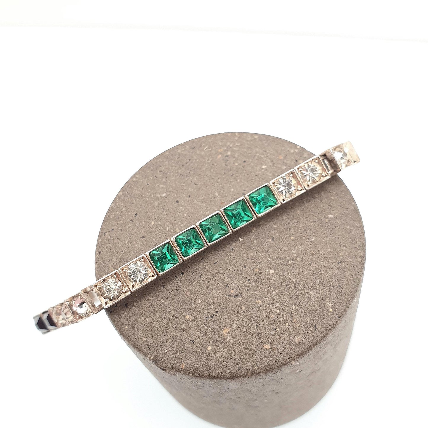 Antique Solid Silver Emerald Paste Tennis Bracelet Channel Set Diamond Onyx Pastes Art Deco Square Cut Vintage Womens Jewelry Jewellery