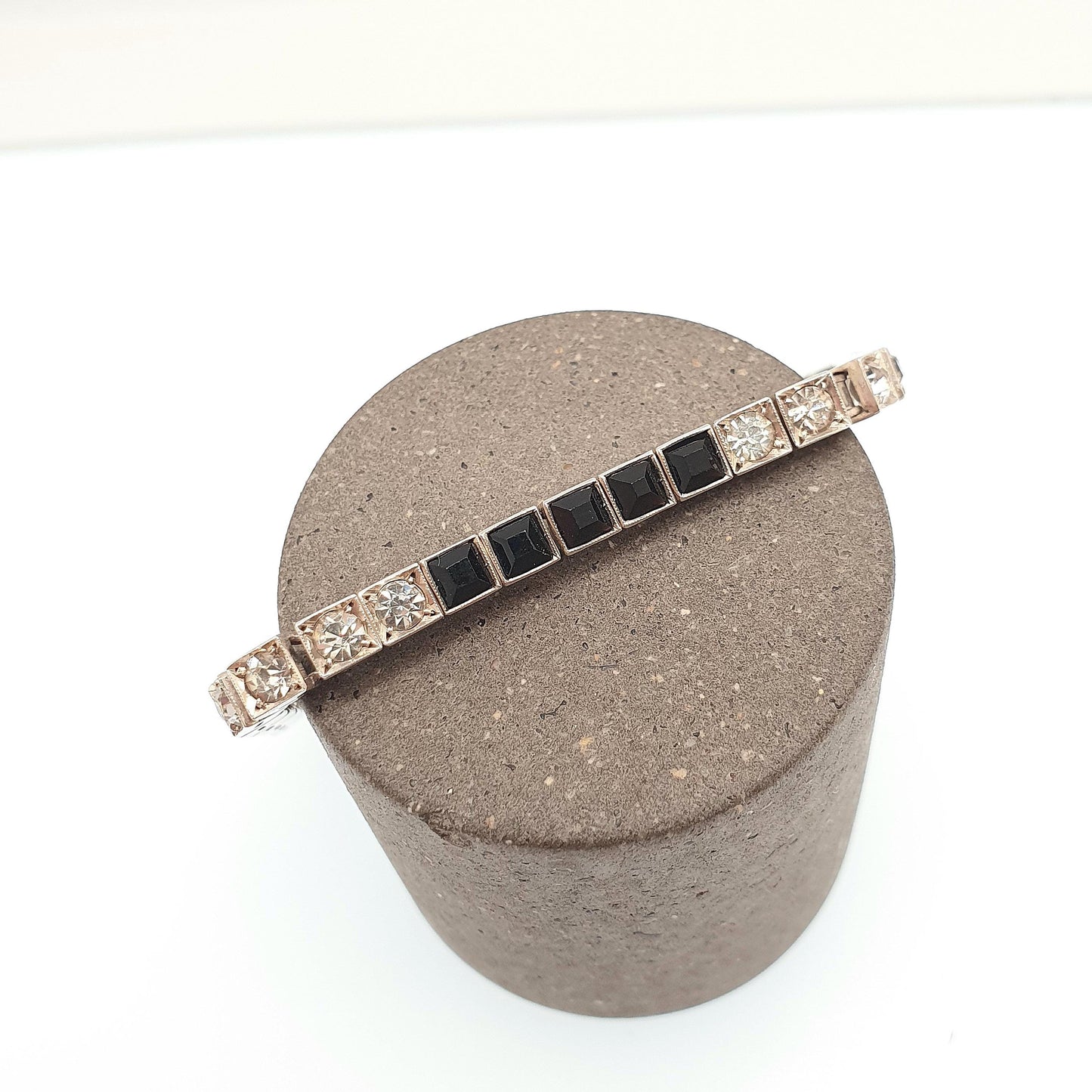 Antique Solid Silver Emerald Paste Tennis Bracelet Channel Set Diamond Onyx Pastes Art Deco Square Cut Vintage Womens Jewelry Jewellery