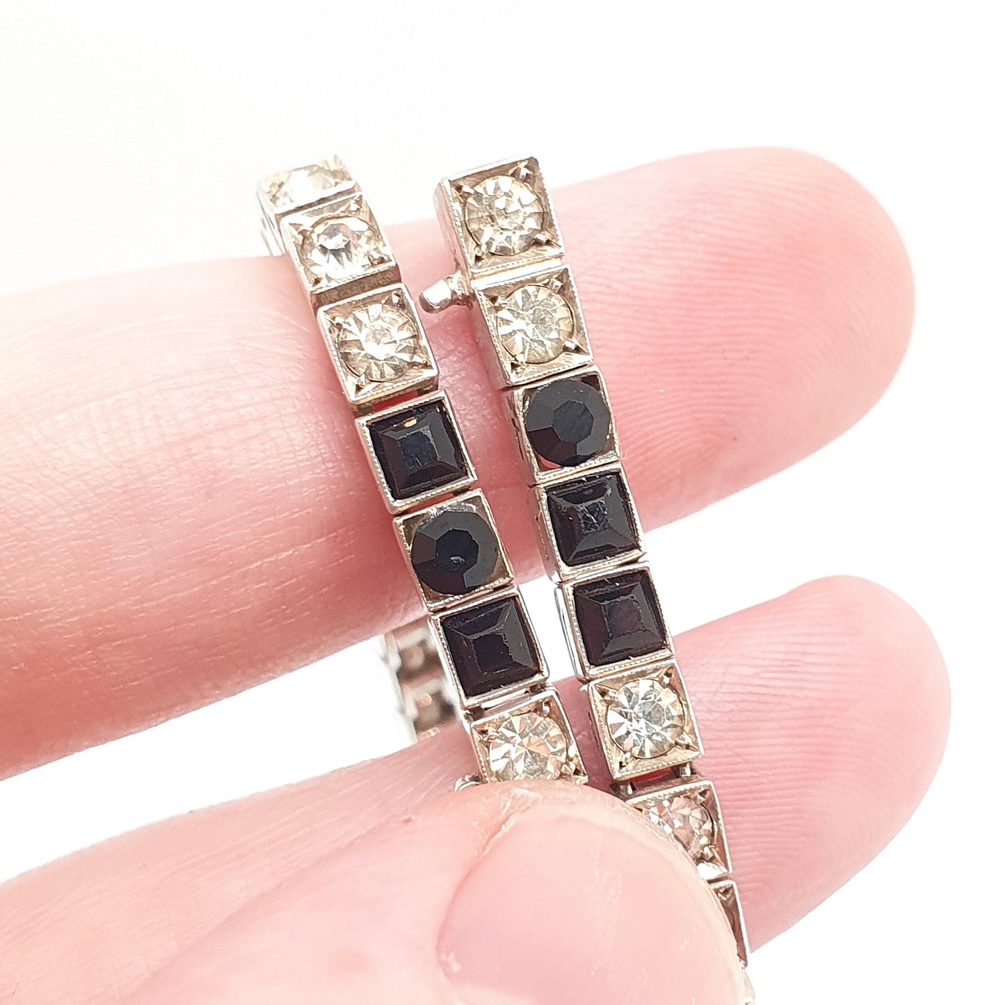 Antique Solid Silver Emerald Paste Tennis Bracelet Channel Set Diamond Onyx Pastes Art Deco Square Cut Vintage Womens Jewelry Jewellery