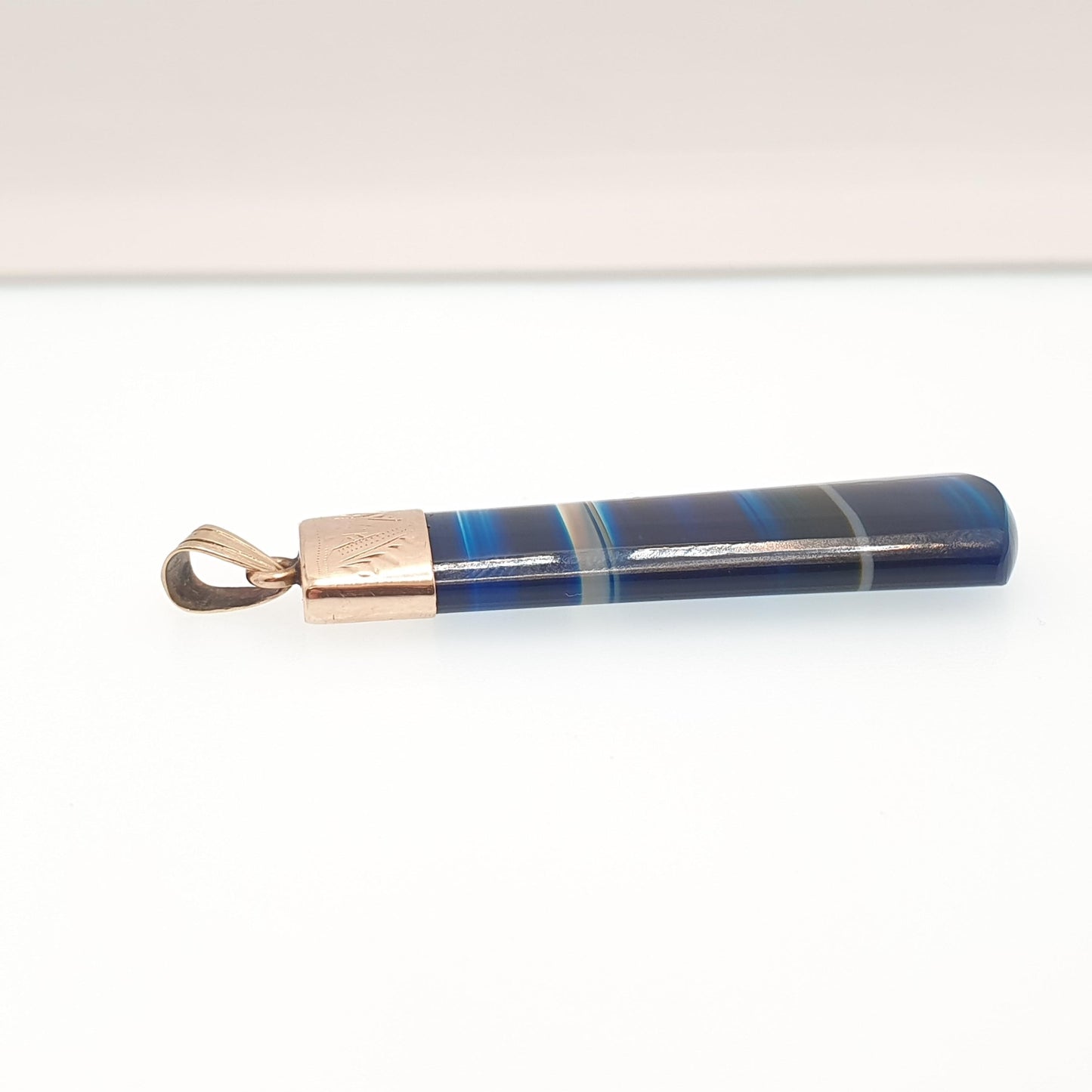 Antique 9ct Gold Blue Agate Necklace Pendant Victorian Rare Gemstone Solid 9k 9kt Striped Banded Women Jewelry Jewellery