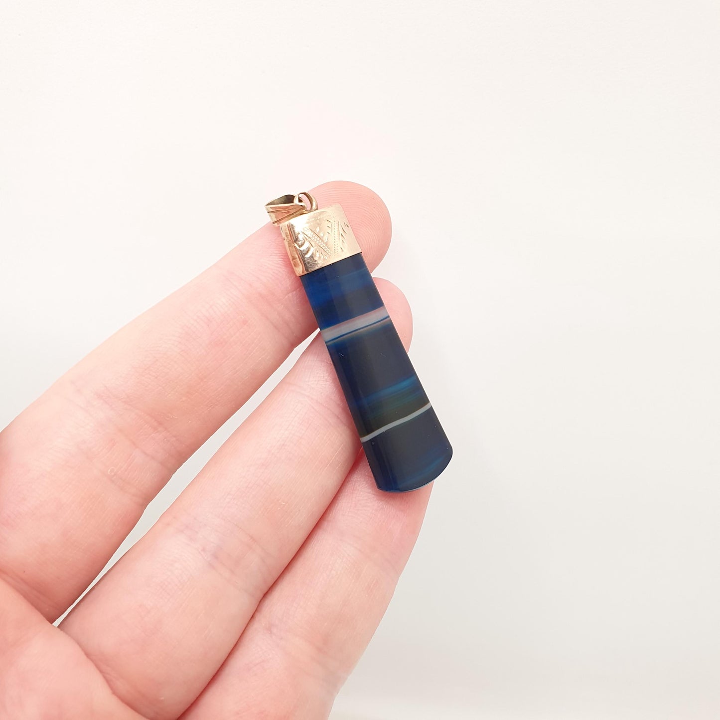 Antique 9ct Gold Blue Agate Necklace Pendant Victorian Rare Gemstone Solid 9k 9kt Striped Banded Women Jewelry Jewellery