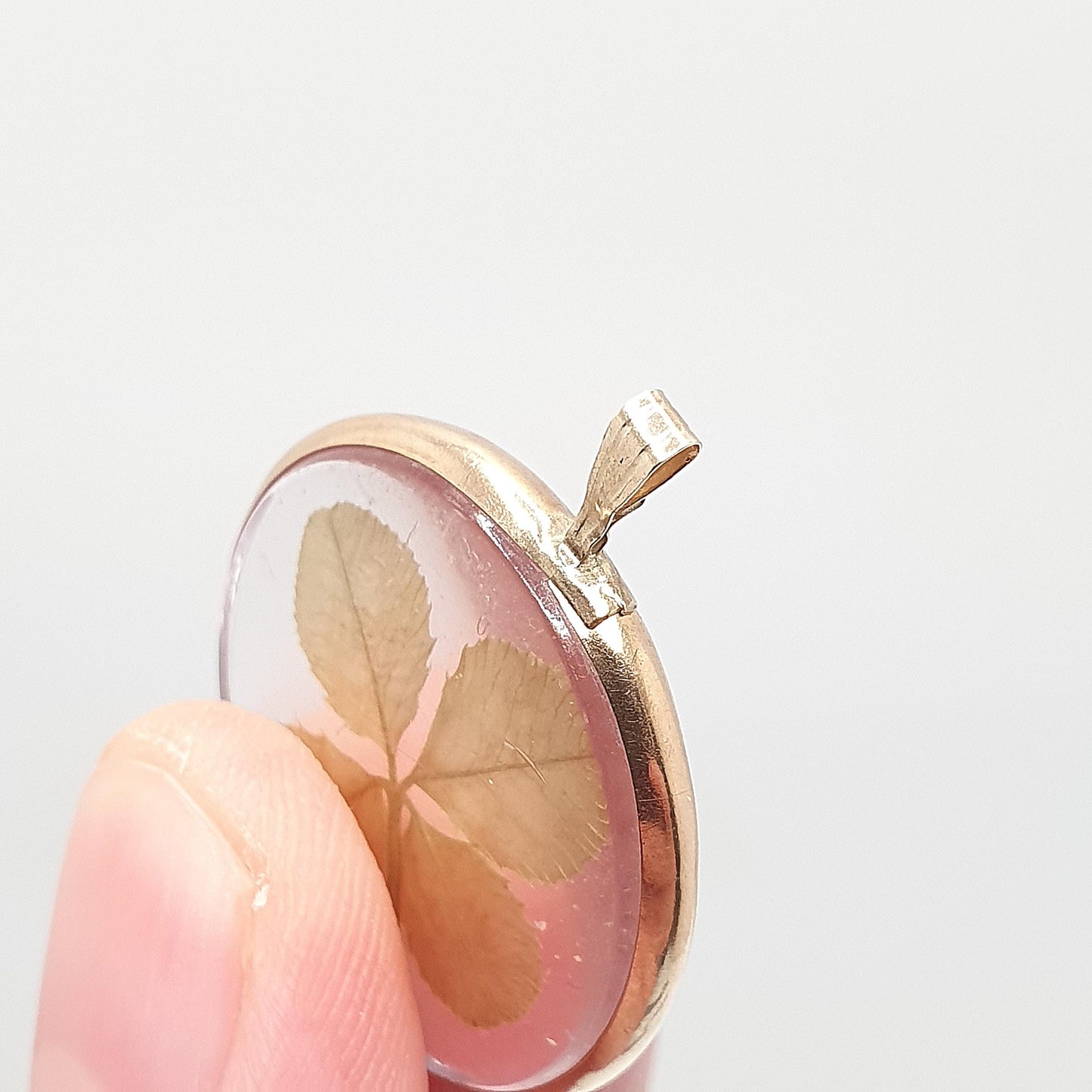 Antique 9ct Gold Four Leaf Clover Pendant Necklace Genuine Dried Leaf Solid 9k 9kt Good Luck Lucky Irish Jewelry Jewellery