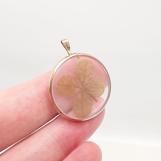 Antique 9ct Gold Four Leaf Clover Pendant Necklace Genuine Dried Leaf Solid 9k 9kt Good Luck Lucky Irish Jewelry Jewellery
