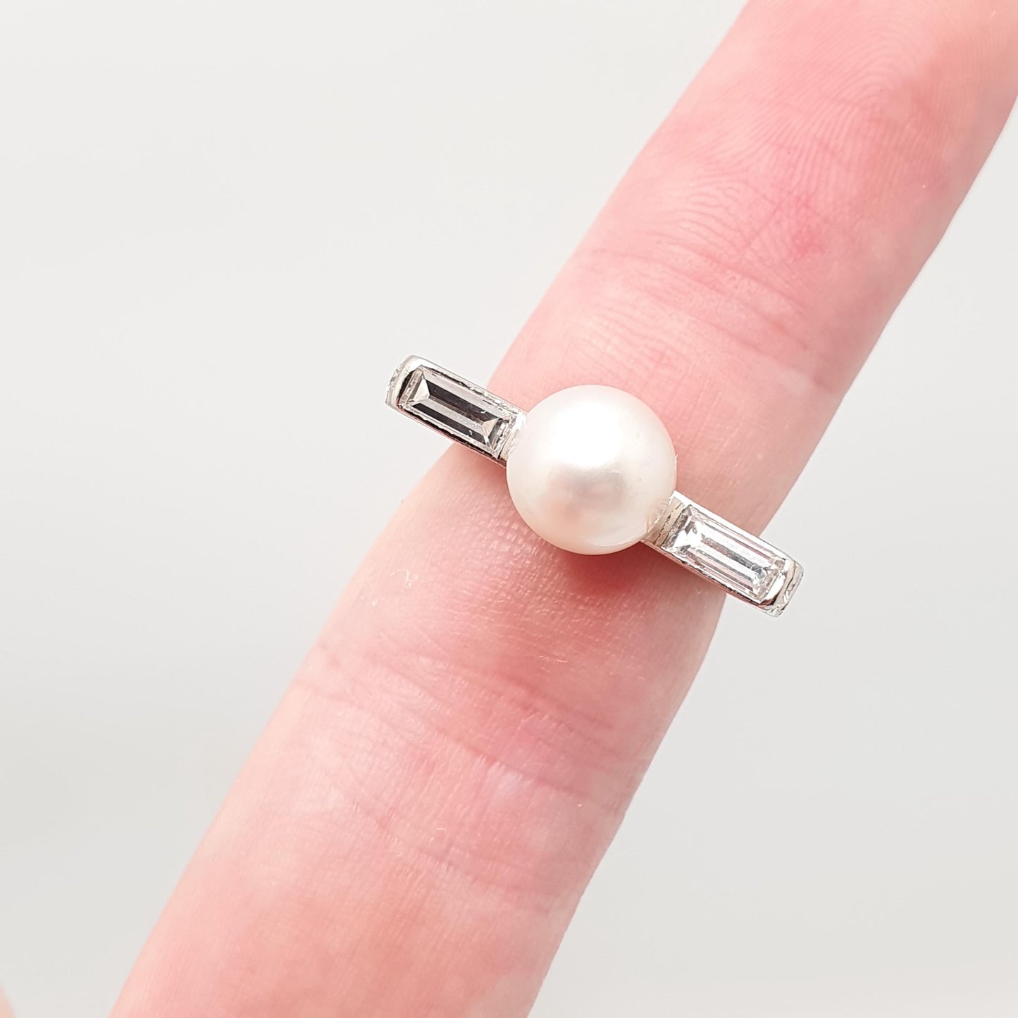 Old Vintage Platinum Diamond & Pearl Ring Baguette Cut Natural Diamonds Art Deco Style T Shape UK N US 6 3/4 Womens Jewellery Jewelry