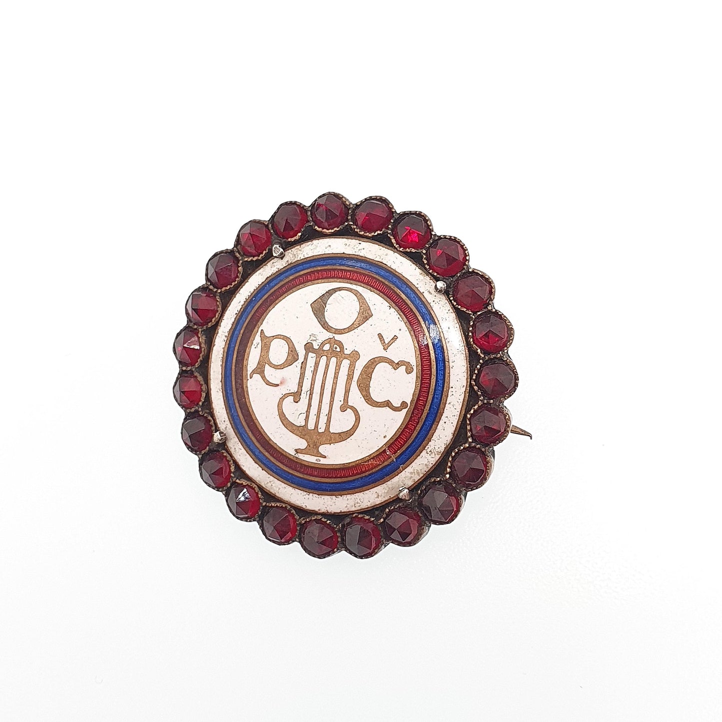 Antique Bohemian Garnet Brooch Czech Singing Community Enamel Pin Gold Tone Base Metal Vintage Womens Jewelry Jewellery