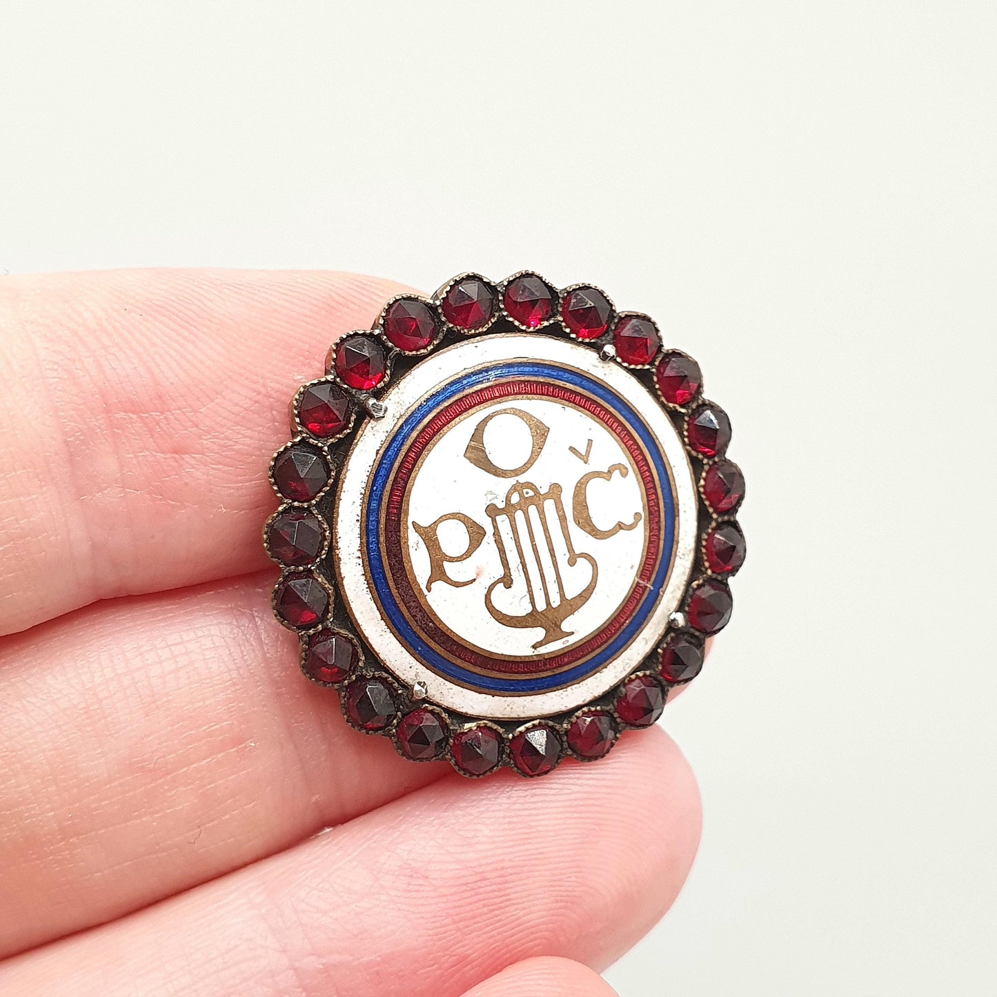 Antique Bohemian Garnet Brooch Czech Singing Community Enamel Pin Gold Tone Base Metal Vintage Womens Jewelry Jewellery