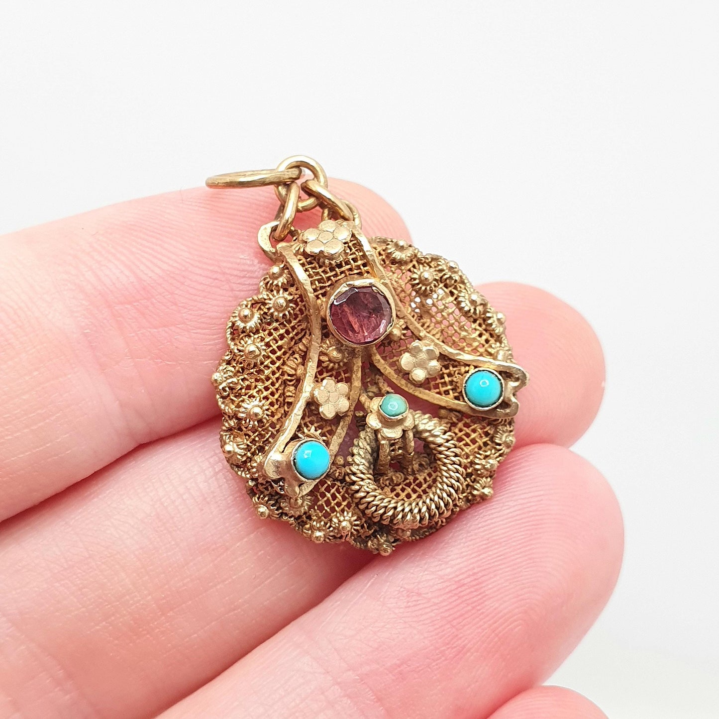Antique Gold Vermeil Garnet & Turquoise Pendant Solid Silver Necklace Austro Hungarian Genuine Gemstone Filigree Vintage Jewelry Jewellery