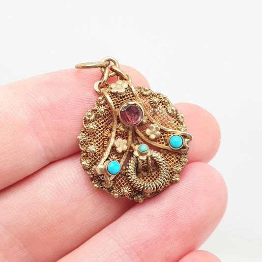 Antique Gold Vermeil Garnet & Turquoise Pendant Solid Silver Necklace Austro Hungarian Genuine Gemstone Filigree Vintage Jewelry Jewellery