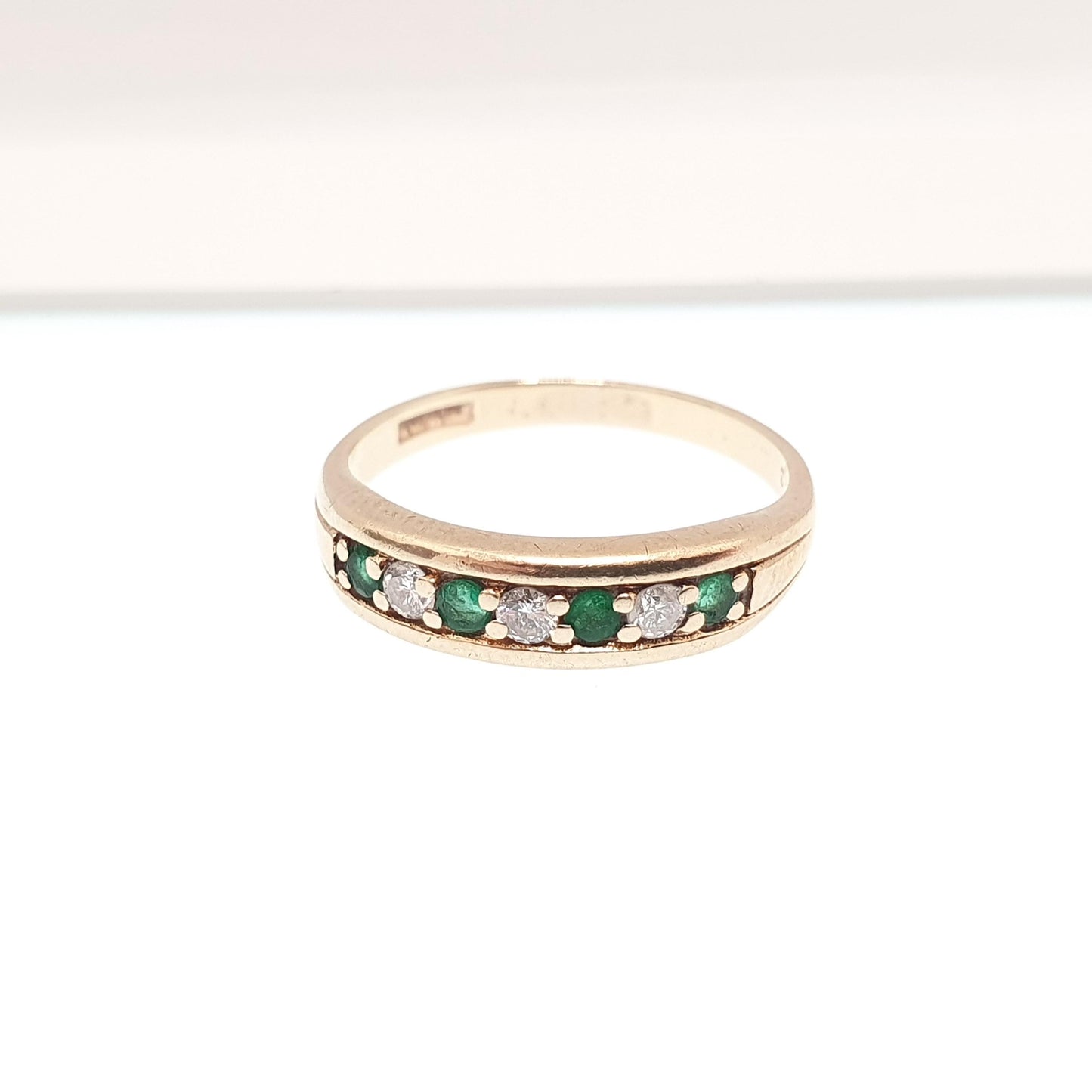 Vintage 9k Gold Emerald Diamond Ring Half Eternity Brilliant Cut Solid 9ct 9kt Natural Gemstone Jewelry Jewellery Womens