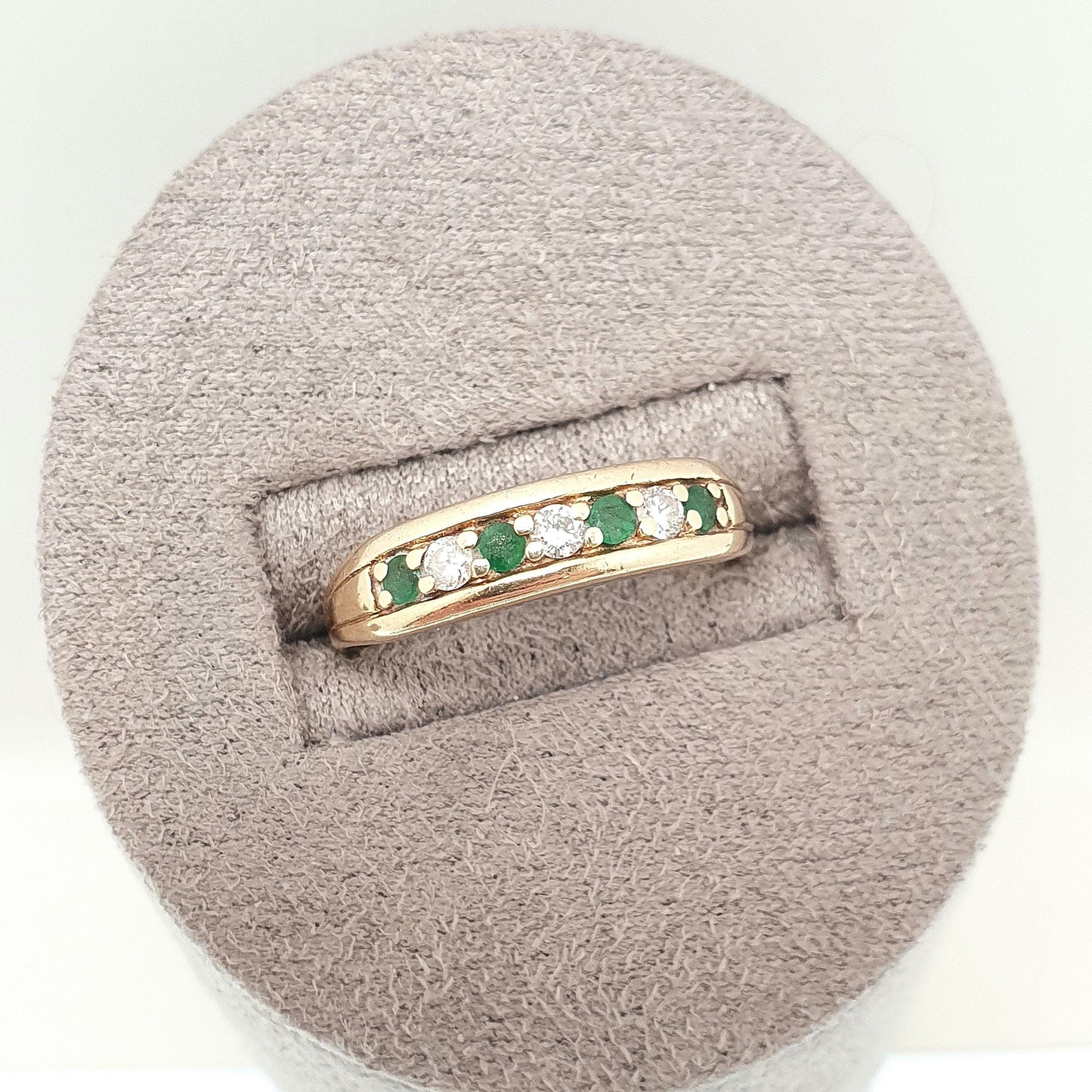 Vintage 9k Gold Emerald Diamond Ring Half Eternity Brilliant Cut Solid 9ct 9kt Natural Gemstone Jewelry Jewellery Womens