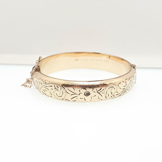 Old Vintage 9ct 9k Gold Metal Core Bangle Bracelet Snap Engraved 1960s 18.92g Heavy Thick Rolled Gold Filled Womens Jewelry Jewellery