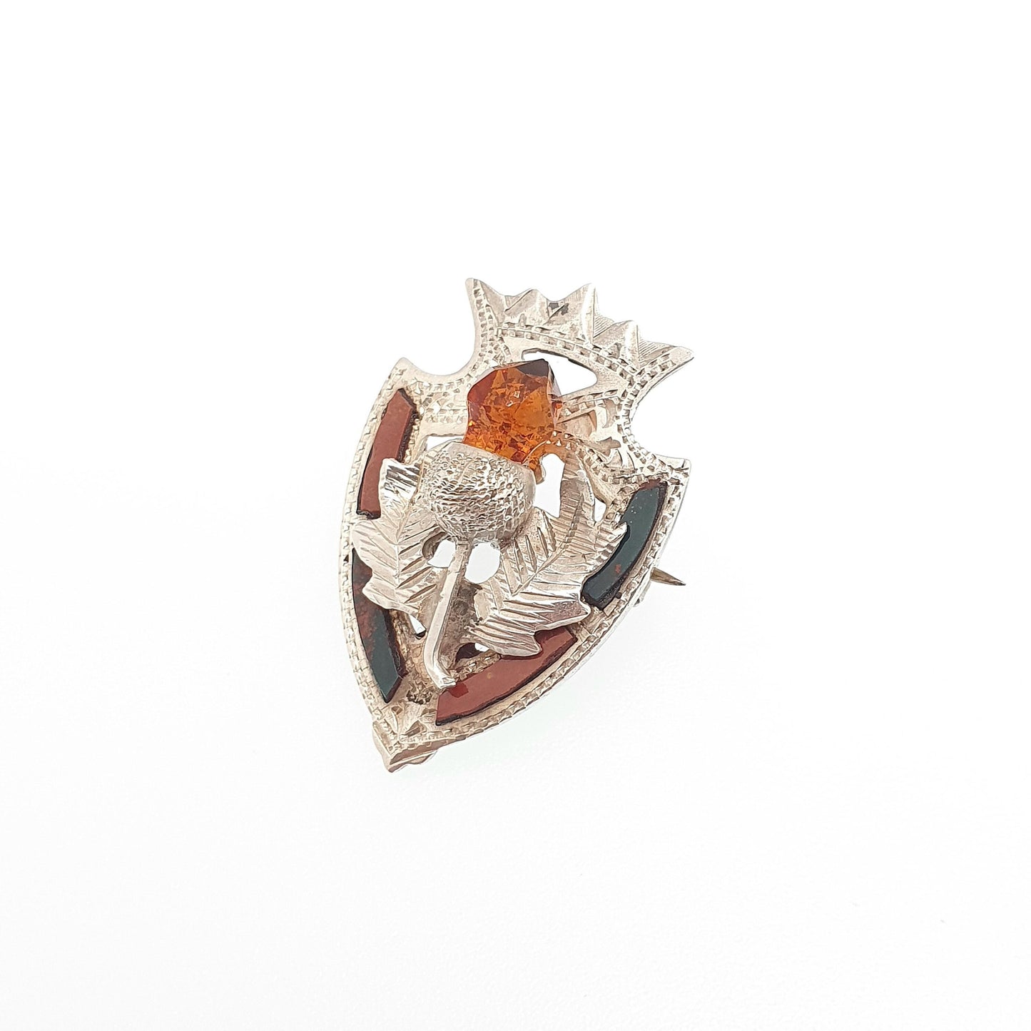 Antique Sterling Silver Scottish Shield Brooch Citrine Paste Thistle Jasper Bloodstone 1914 Hallmark Womens Jewelry Jewellery