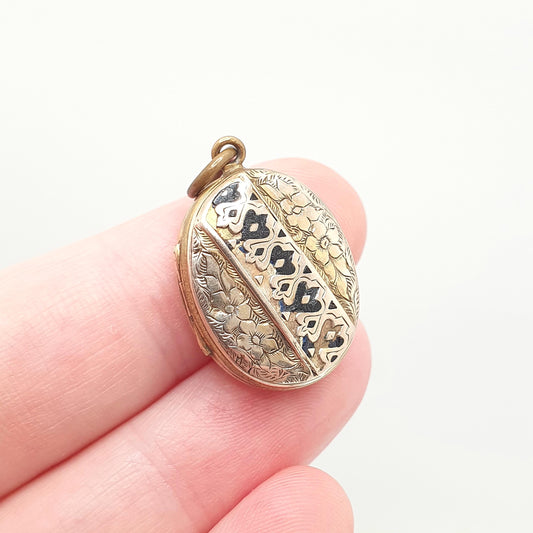Antique Victorian 9ct 9k Gold Locket Black Enamel Back & Front Mourning Hair Necklace Pendant Vintage Womens Jewelry Jewellery