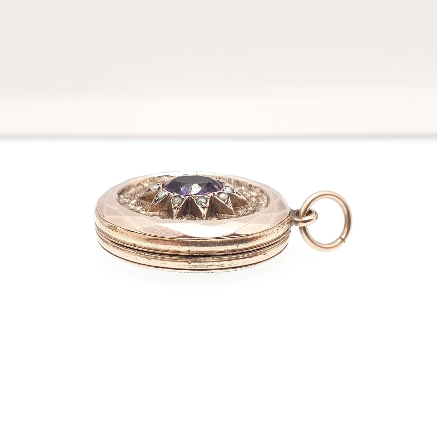 Antique 9ct 9k Gold Amethyst Star Locket Seed Pearl Back Front Oval Pendant Picture Photo Vintage Jewelry Jewellery
