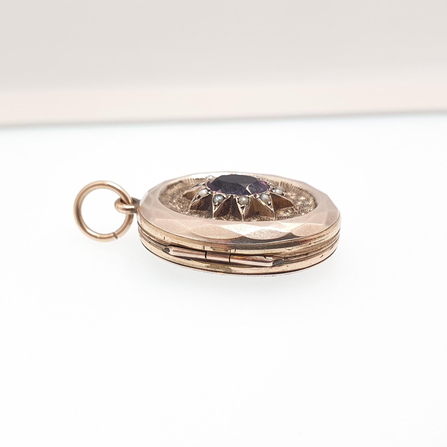 Antique 9ct 9k Gold Amethyst Star Locket Seed Pearl Back Front Oval Pendant Picture Photo Vintage Jewelry Jewellery