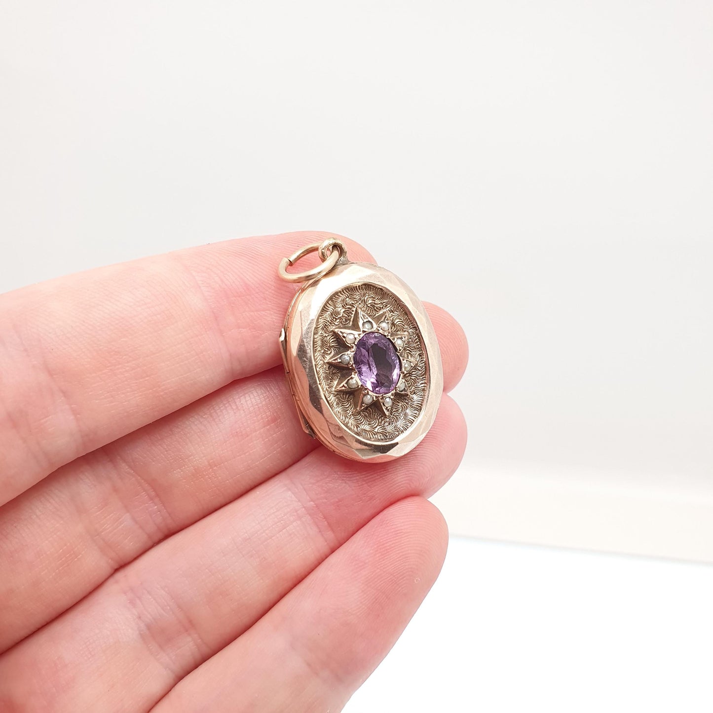 Antique 9ct 9k Gold Amethyst Star Locket Seed Pearl Back Front Oval Pendant Picture Photo Vintage Jewelry Jewellery