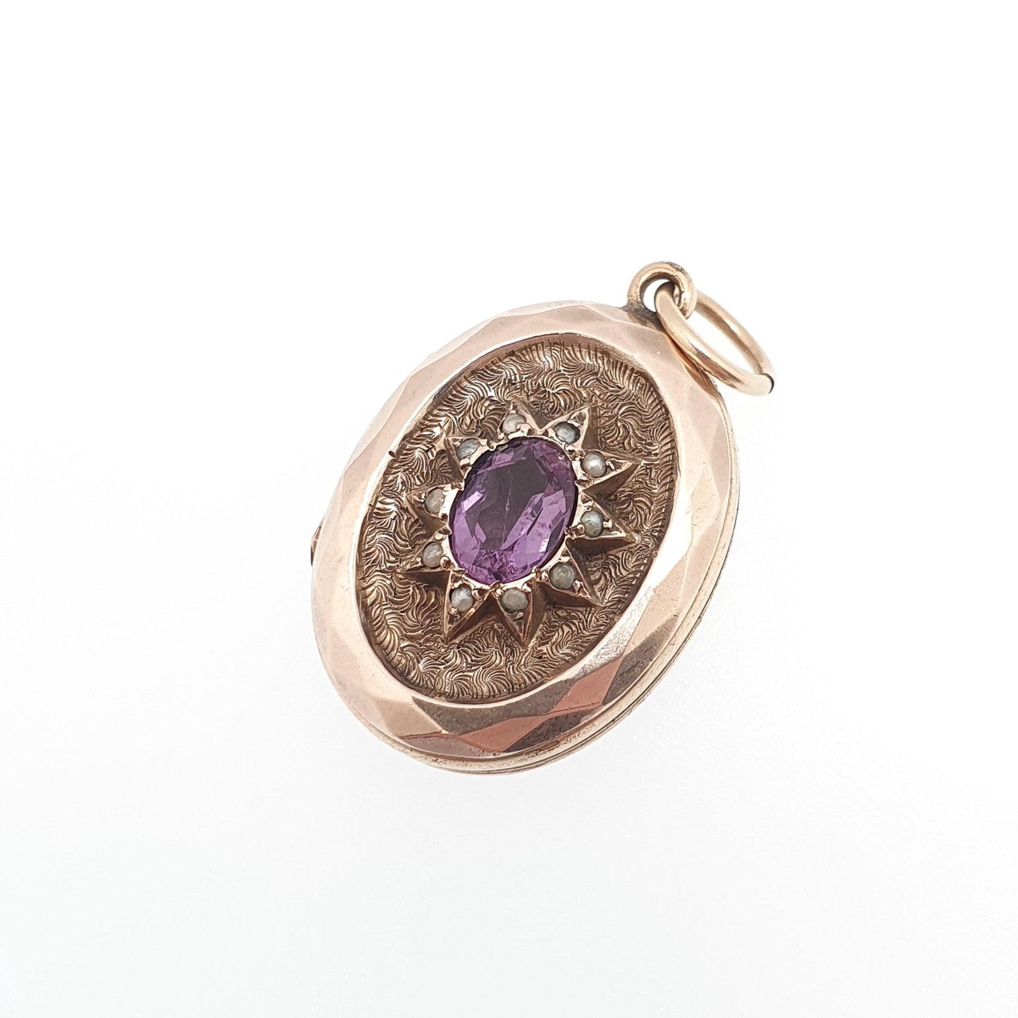 Antique 9ct 9k Gold Amethyst Star Locket Seed Pearl Back Front Oval Pendant Picture Photo Vintage Jewelry Jewellery