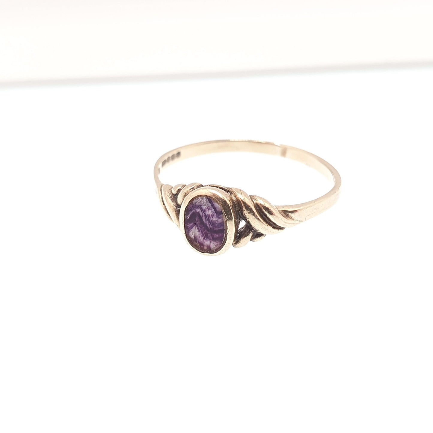 Vintage 9ct Gold Blue John Ring Solid 9k 9kt Signet Doublet Oval Fluorite Jewelry Jewellery UK P 1/3 US 7 3/4