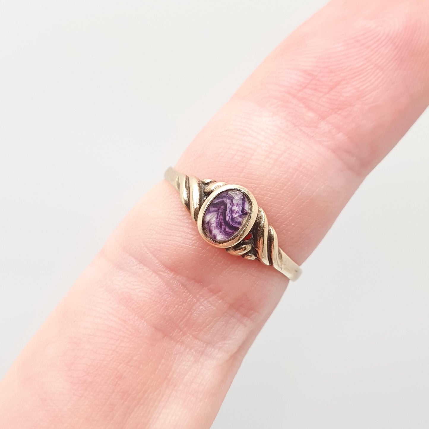 Vintage 9ct Gold Blue John Ring Solid 9k 9kt Signet Doublet Oval Fluorite Jewelry Jewellery UK P 1/3 US 7 3/4