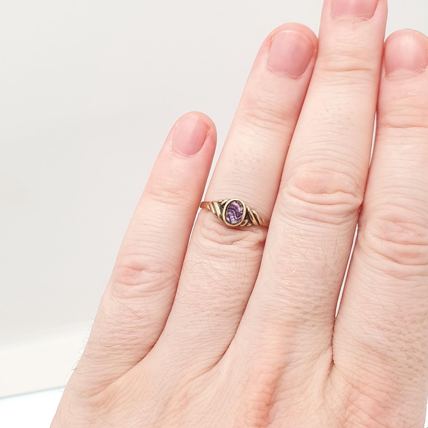 Vintage 9ct Gold Blue John Ring Solid 9k 9kt Signet Doublet Oval Fluorite Jewelry Jewellery UK P 1/3 US 7 3/4