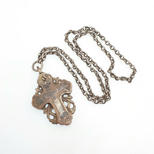 Antique Georgian Relic Crucifix Necklace Pendant Reliquary Cross Jesus Silver Tone Niello Opening Locket Vintage Jewelry Jewellery