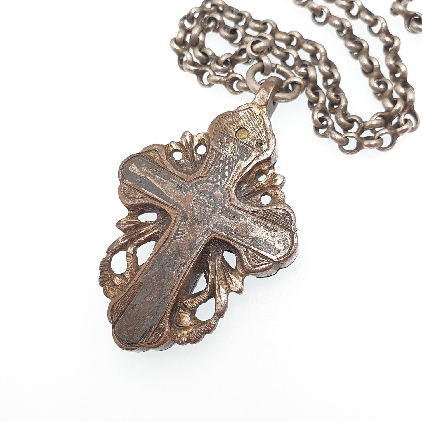 Antique Georgian Relic Crucifix Necklace Pendant Reliquary Cross Jesus Silver Tone Niello Opening Locket Vintage Jewelry Jewellery