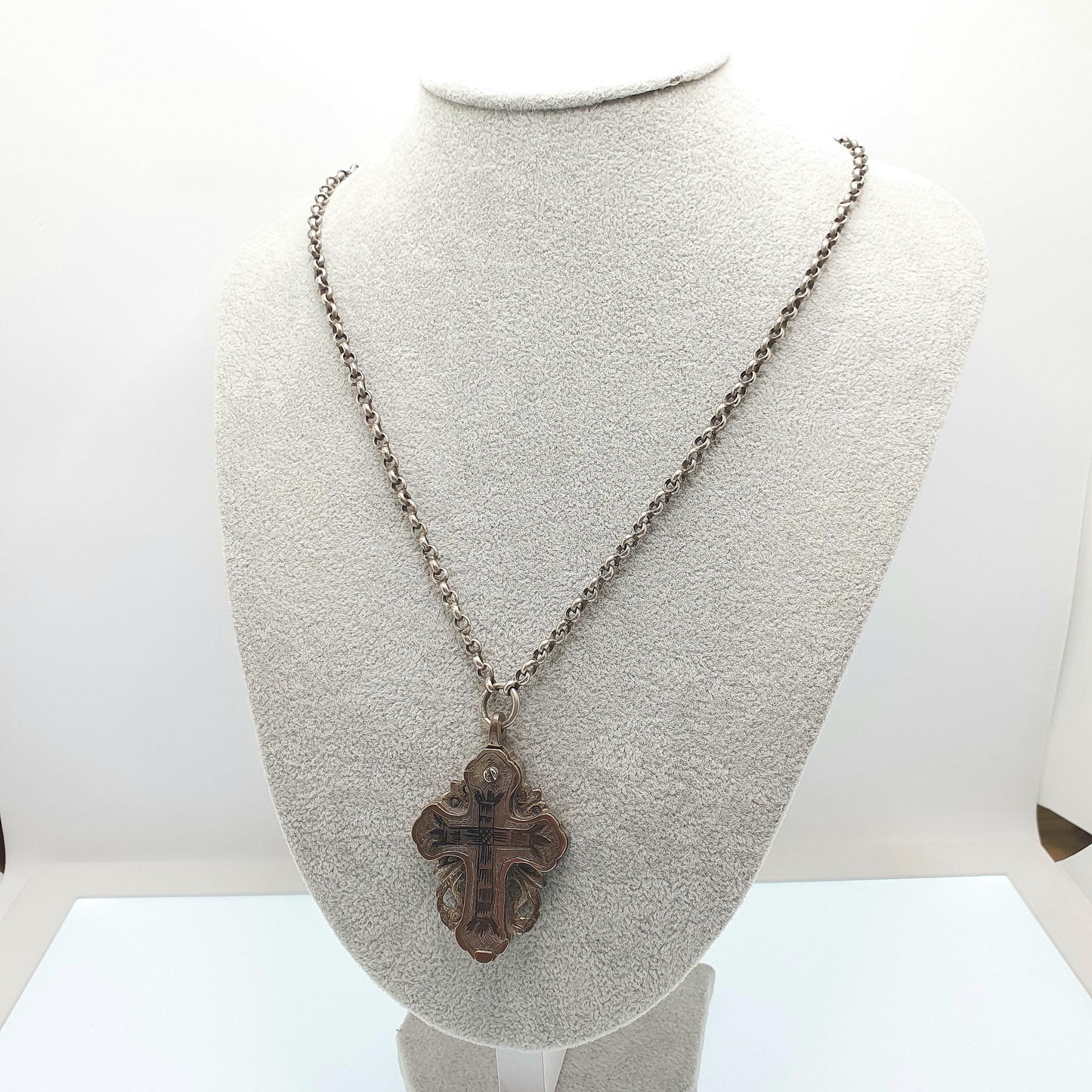 Antique Georgian Relic Crucifix Necklace Pendant Reliquary Cross Jesus Silver Tone Niello Opening Locket Vintage Jewelry Jewellery